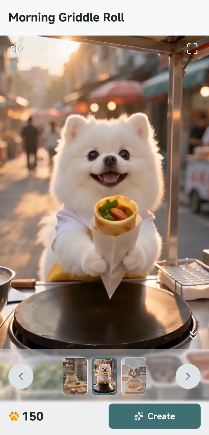 DreamPaw AI app playing a video of a fluffy white dog serving a griddle roll at a street stall