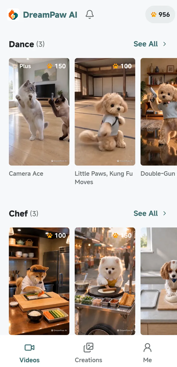 DreamPaw AI app showing its dance and chef video templates