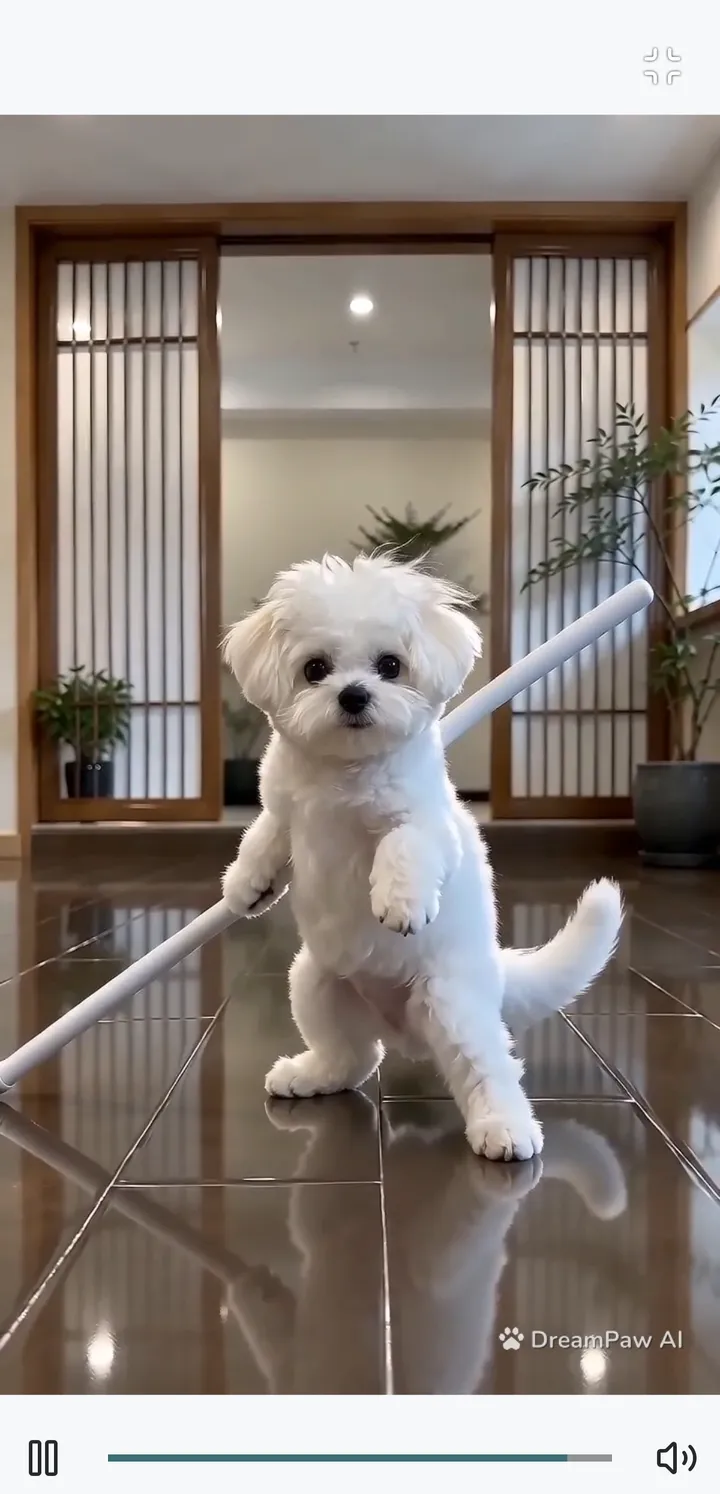 DreamPaw AI app playing a video of a white dog performing with a staff